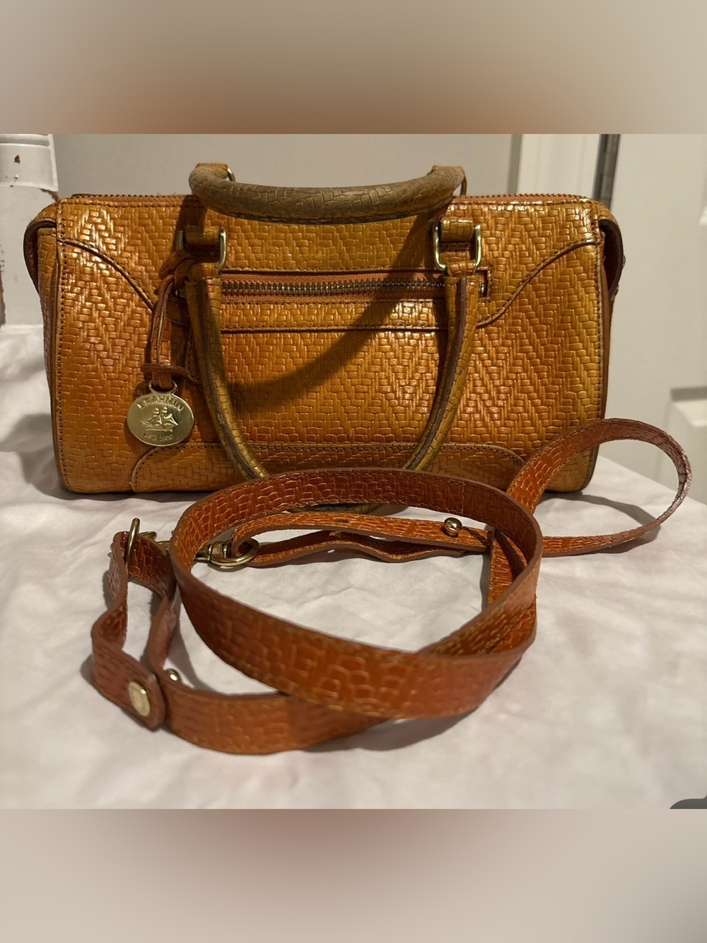Brahmin Leather Woven Satchel Bag - Tan